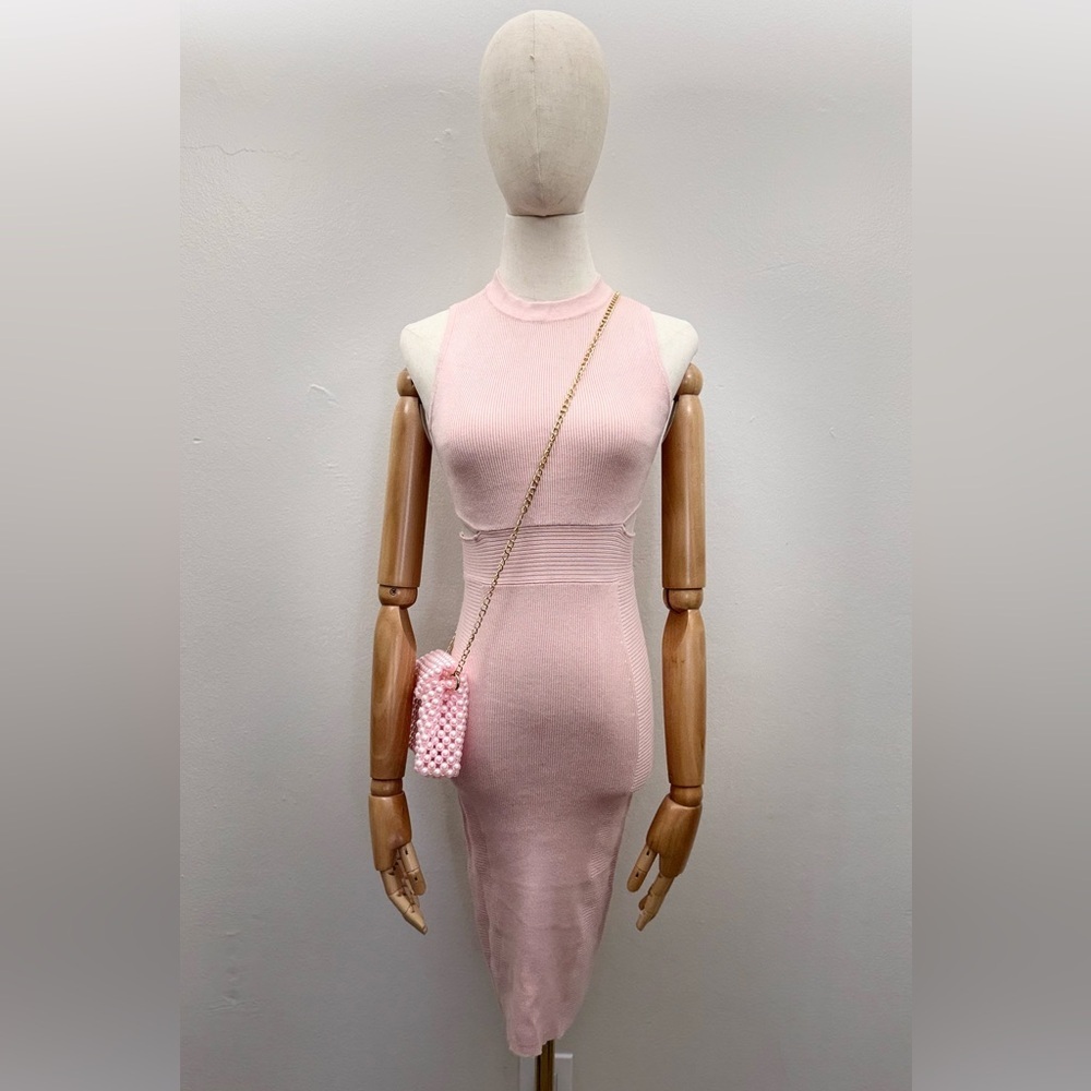 Guess Ribbed Knit Midi Dress Pink Women XS Rayon Viscose